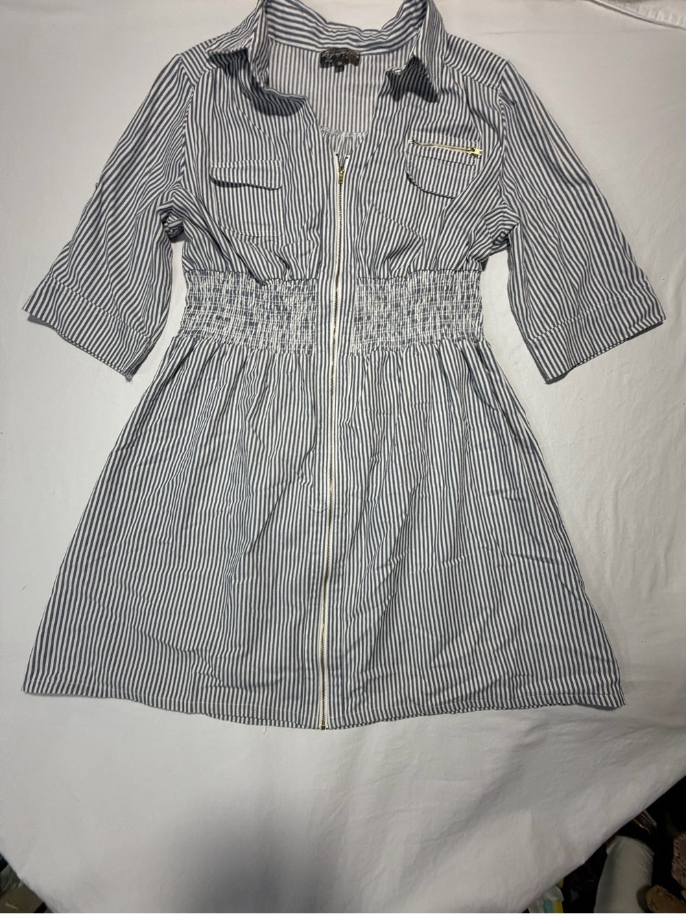 Navy & White Striped Zip-Front Casual Dress